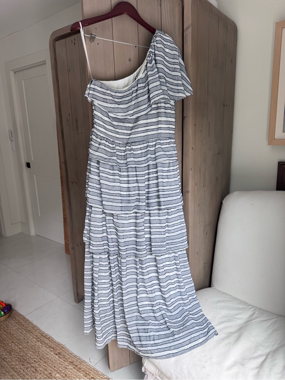 One-Shoulder Striped Maxi Dress in White and Gray